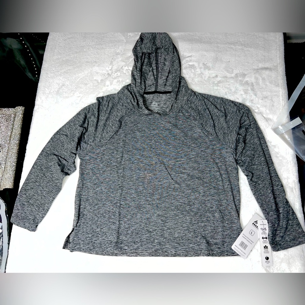 RBX Active women's size Large heather blue cropped long sleeve hooded shirt, NWT